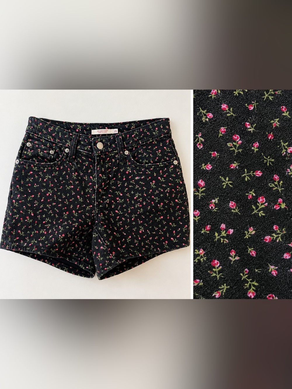 Levi’s Mid Length Floral Denim Shorts Black Ditsy Rose Print Size 25